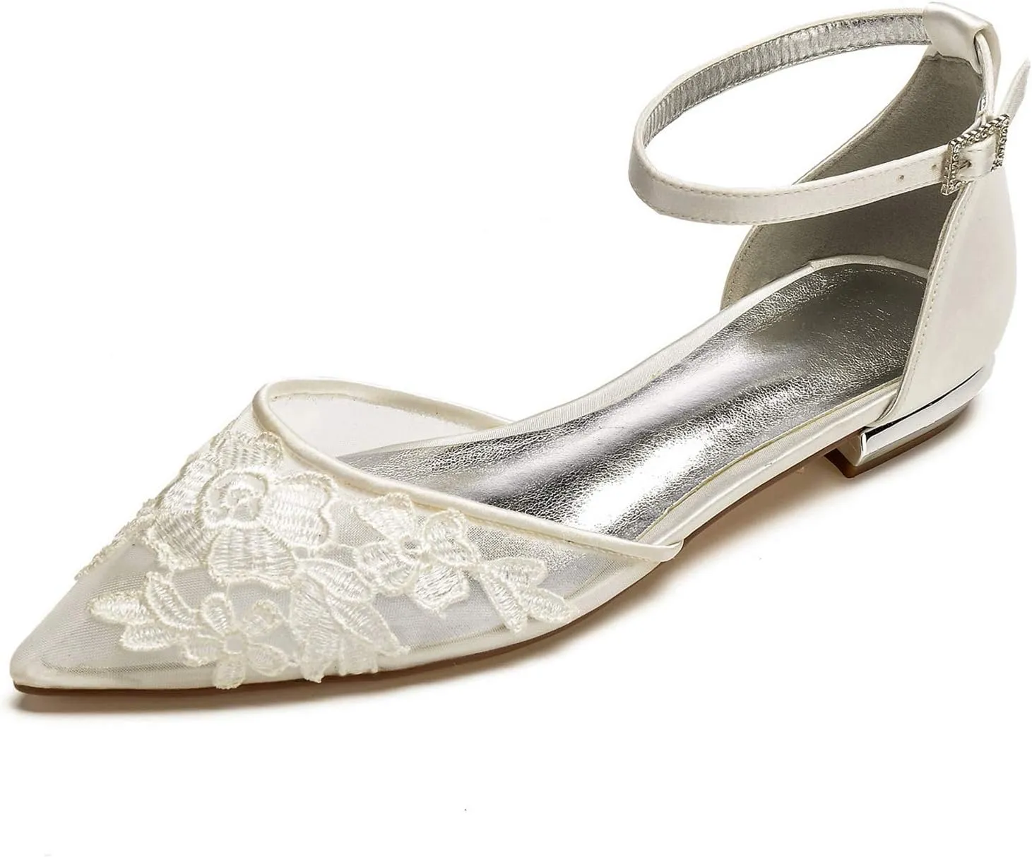 Charmstep Womens Pointed Toe Bridal Ballet Flats Ankle Strap Satin Mesh Lace Flowers Flat Wedding Dress Shoes 5047A-2