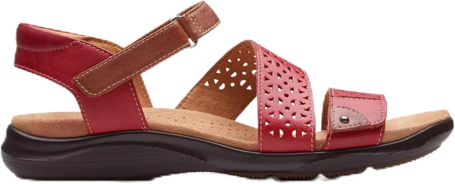 Clarks Women's Kitly Way Flat Sandal, Cherry Leather, 11 Wide, 26177801