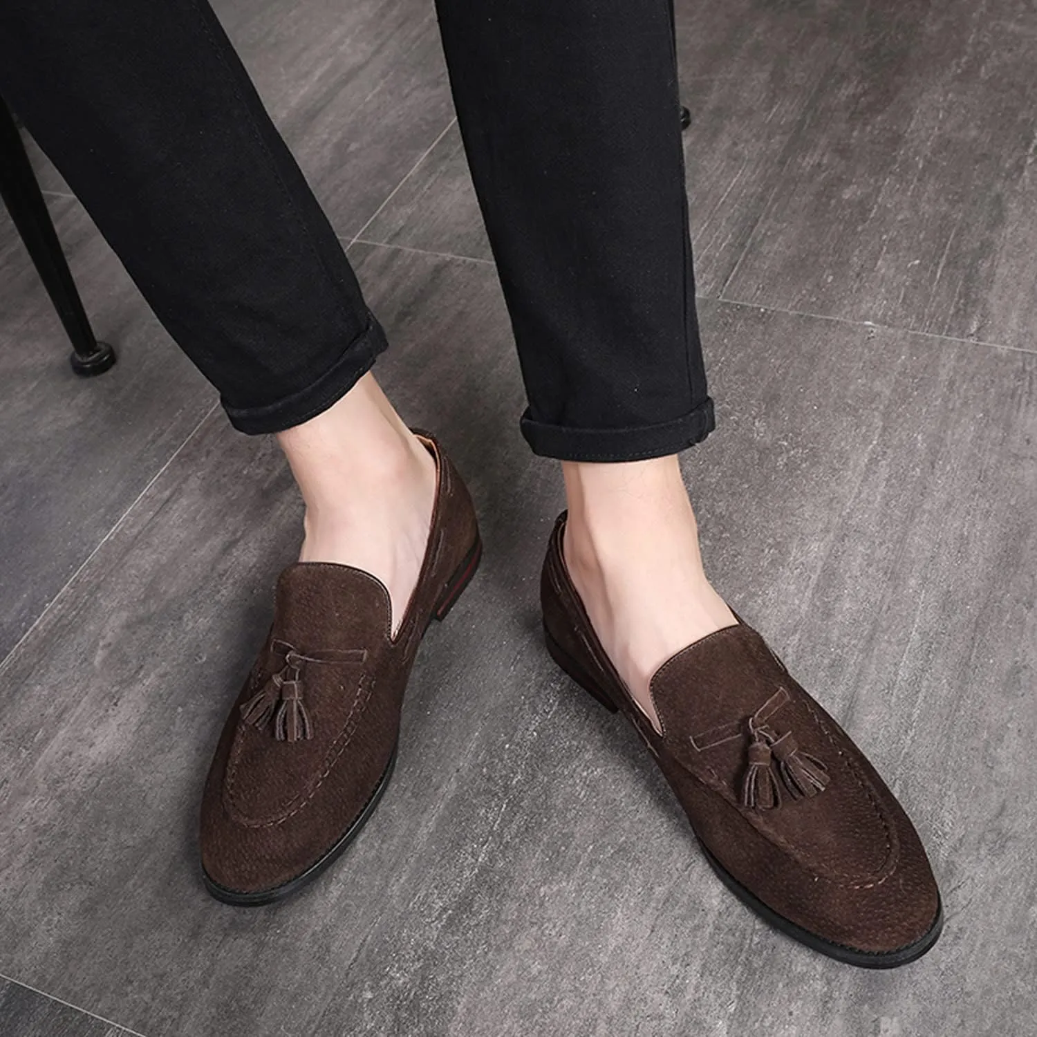 CMM Men's Suede Slippers Loafers Dress Shoes with Tassel Flats Slip-on Prom Loafer