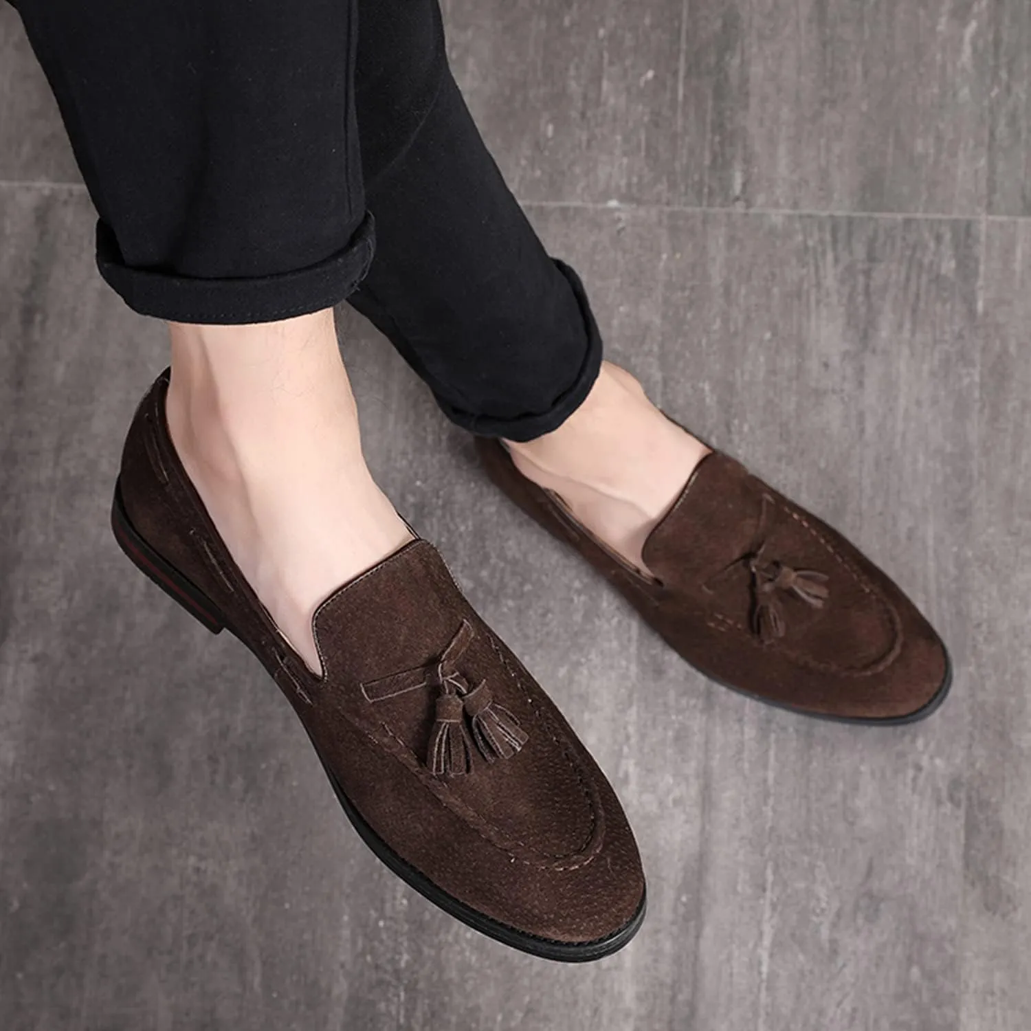 CMM Men's Suede Slippers Loafers Dress Shoes with Tassel Flats Slip-on Prom Loafer