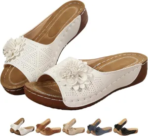 Comfortable Non-slip Solid Color Open-Toe Wedge Sandals for Women Dress Orthopedic Summer Ladies Platform Leather Wedge Arch Support Slip on Shoes Dressy Casual Comfy Slides Flat Beach Sandals