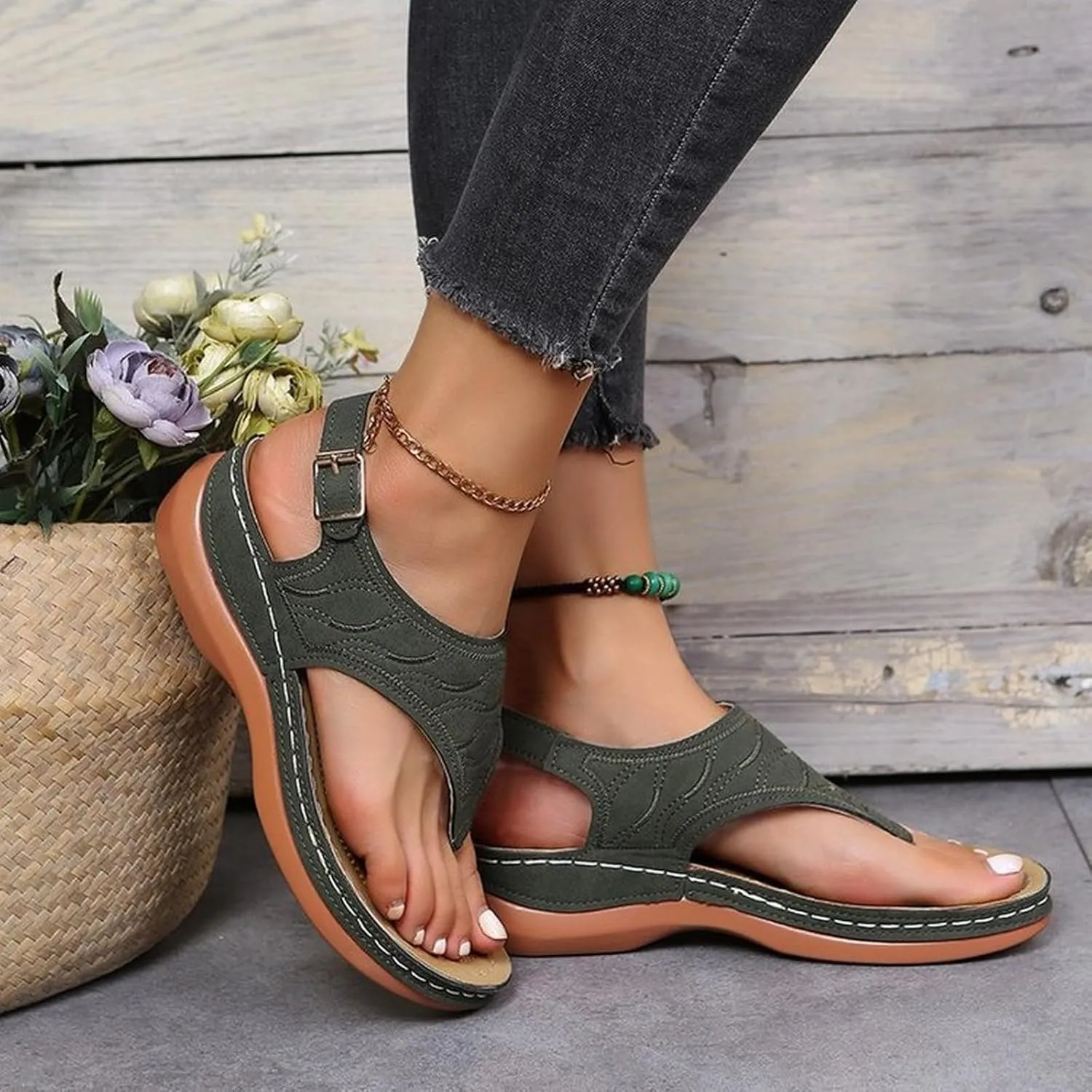 Comfortable Sandals for Women Wiide Width Ankle Strap Flips Flops Summer Dressy Boho Beach Walking Wedge