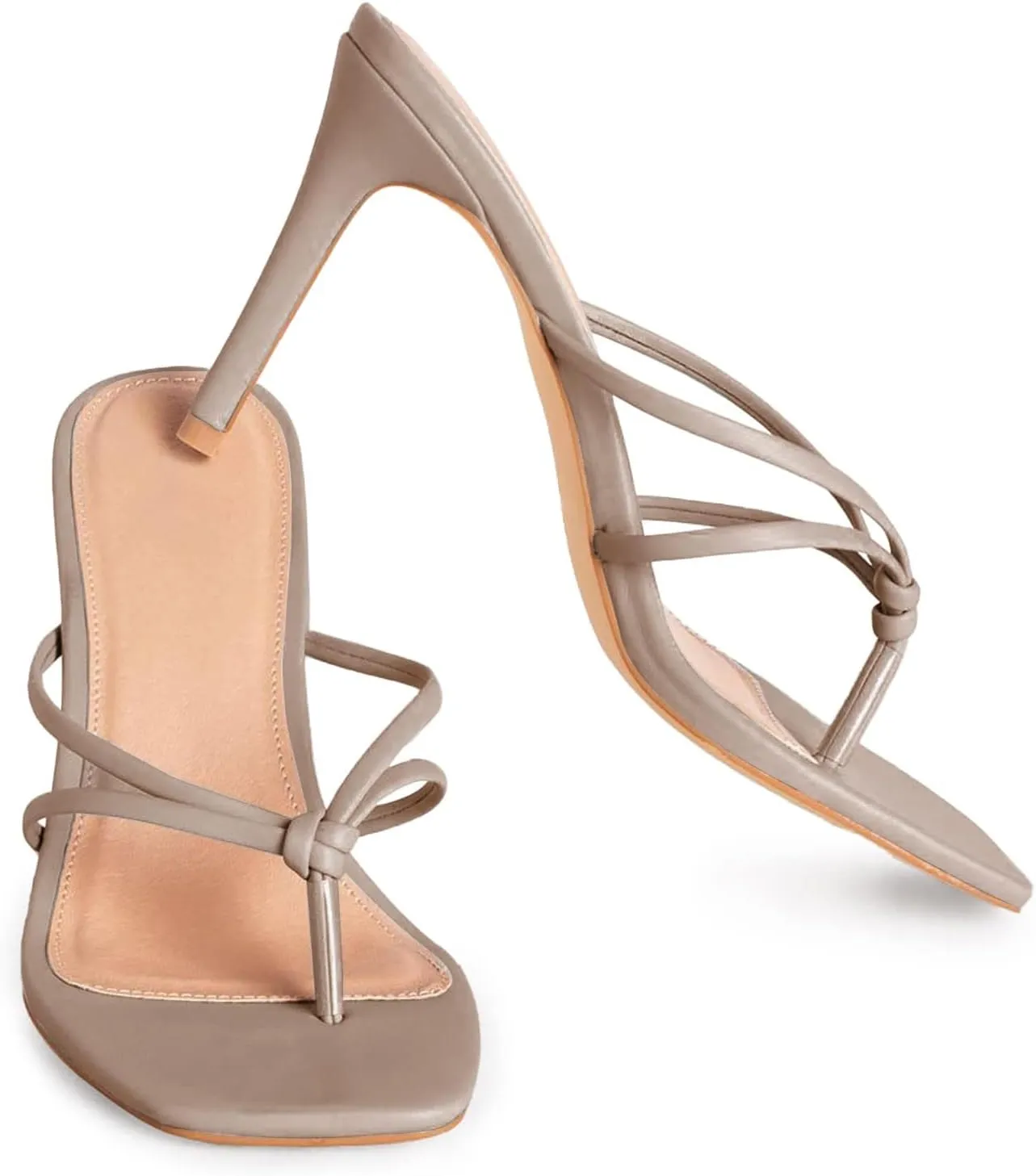Coutgo Womens Strappy Heeded Sandals Square Toe Flip Flops Fashion Stiletto Thong Slip On Sandals