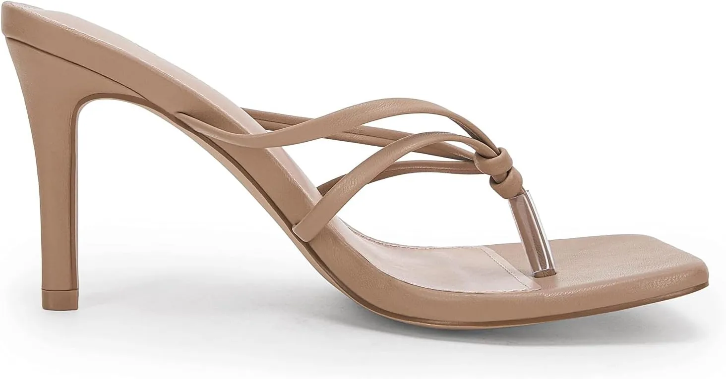 Coutgo Womens Strappy Heeded Sandals Square Toe Flip Flops Fashion Stiletto Thong Slip On Sandals
