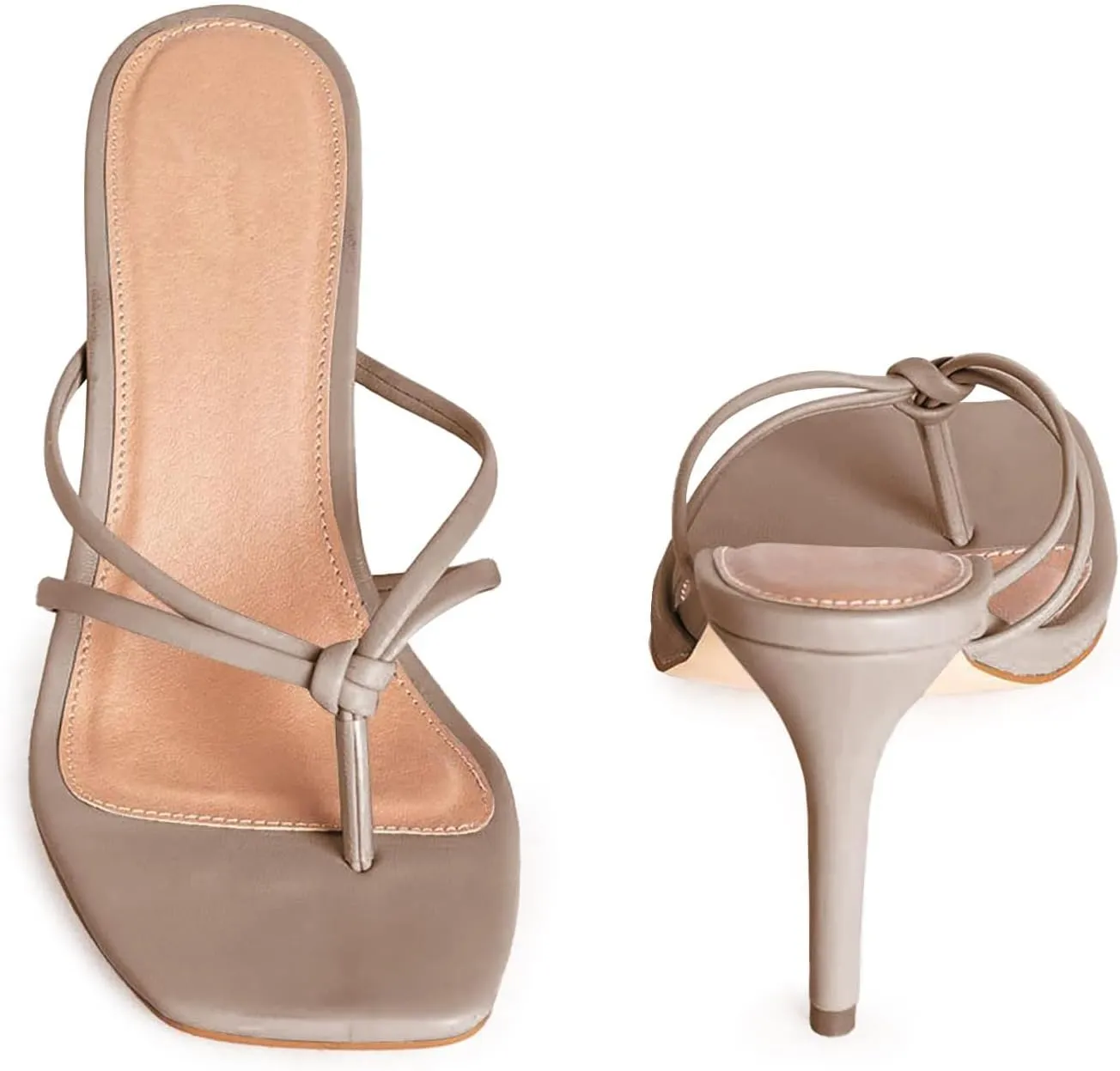 Coutgo Womens Strappy Heeded Sandals Square Toe Flip Flops Fashion Stiletto Thong Slip On Sandals