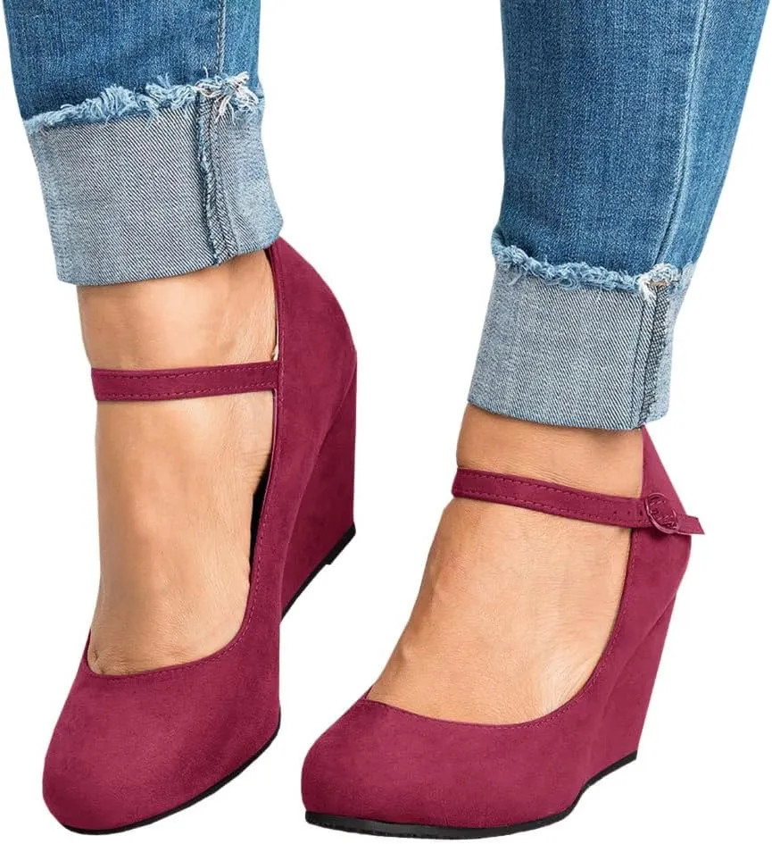 Coutgo Womens Wedge Pumps Dressy Mary Jane Shoes Comfort Wedges Closed Toe Ankle Strap Heeled Shoes