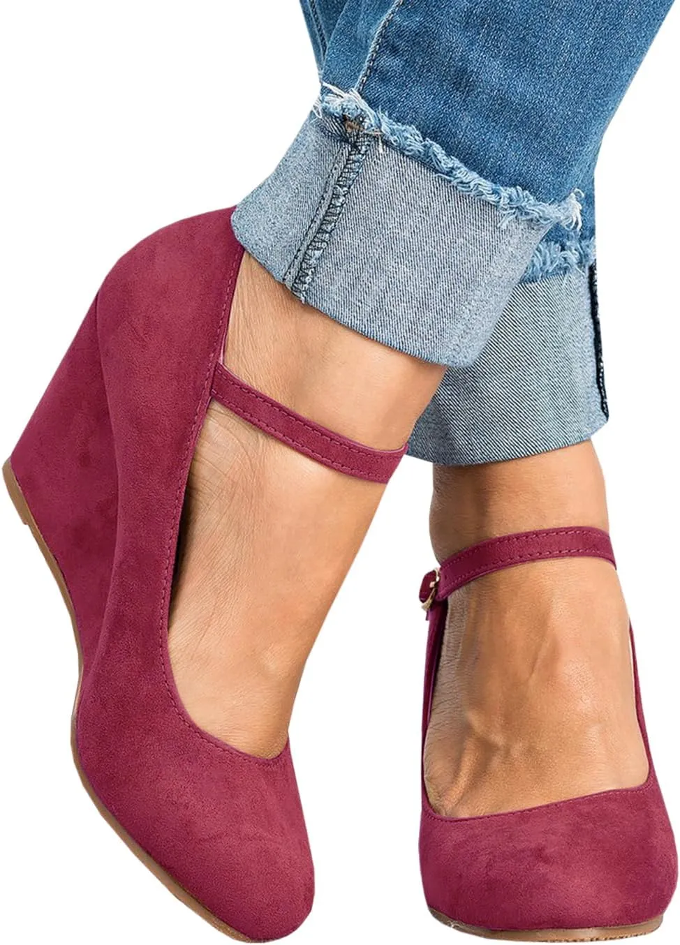 Coutgo Womens Wedge Pumps Dressy Mary Jane Shoes Comfort Wedges Closed Toe Ankle Strap Heeled Shoes