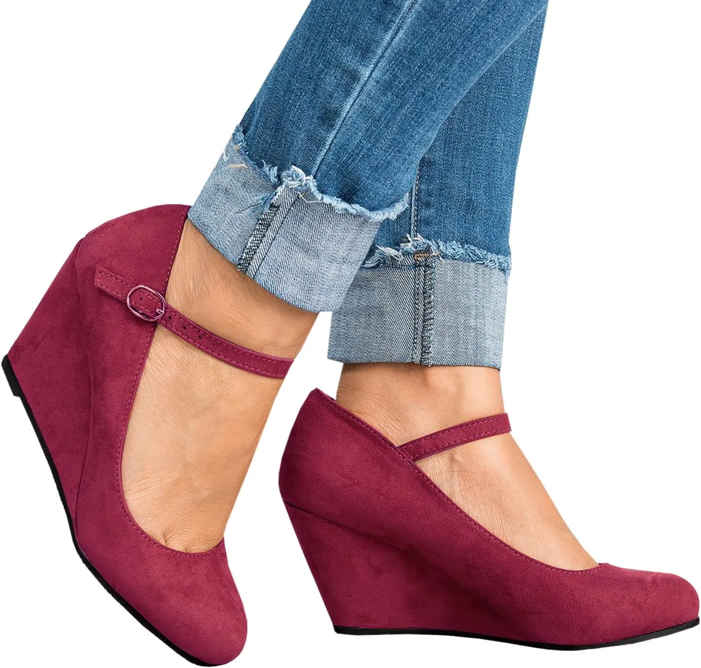 Coutgo Womens Wedge Pumps Dressy Mary Jane Shoes Comfort Wedges Closed Toe Ankle Strap Heeled Shoes