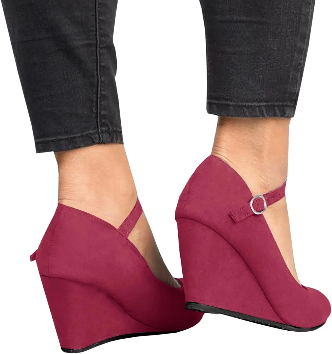Coutgo Womens Wedge Pumps Dressy Mary Jane Shoes Comfort Wedges Closed Toe Ankle Strap Heeled Shoes