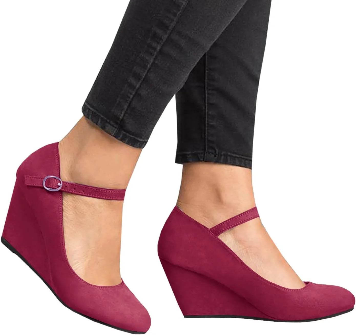 Coutgo Womens Wedge Pumps Dressy Mary Jane Shoes Comfort Wedges Closed Toe Ankle Strap Heeled Shoes