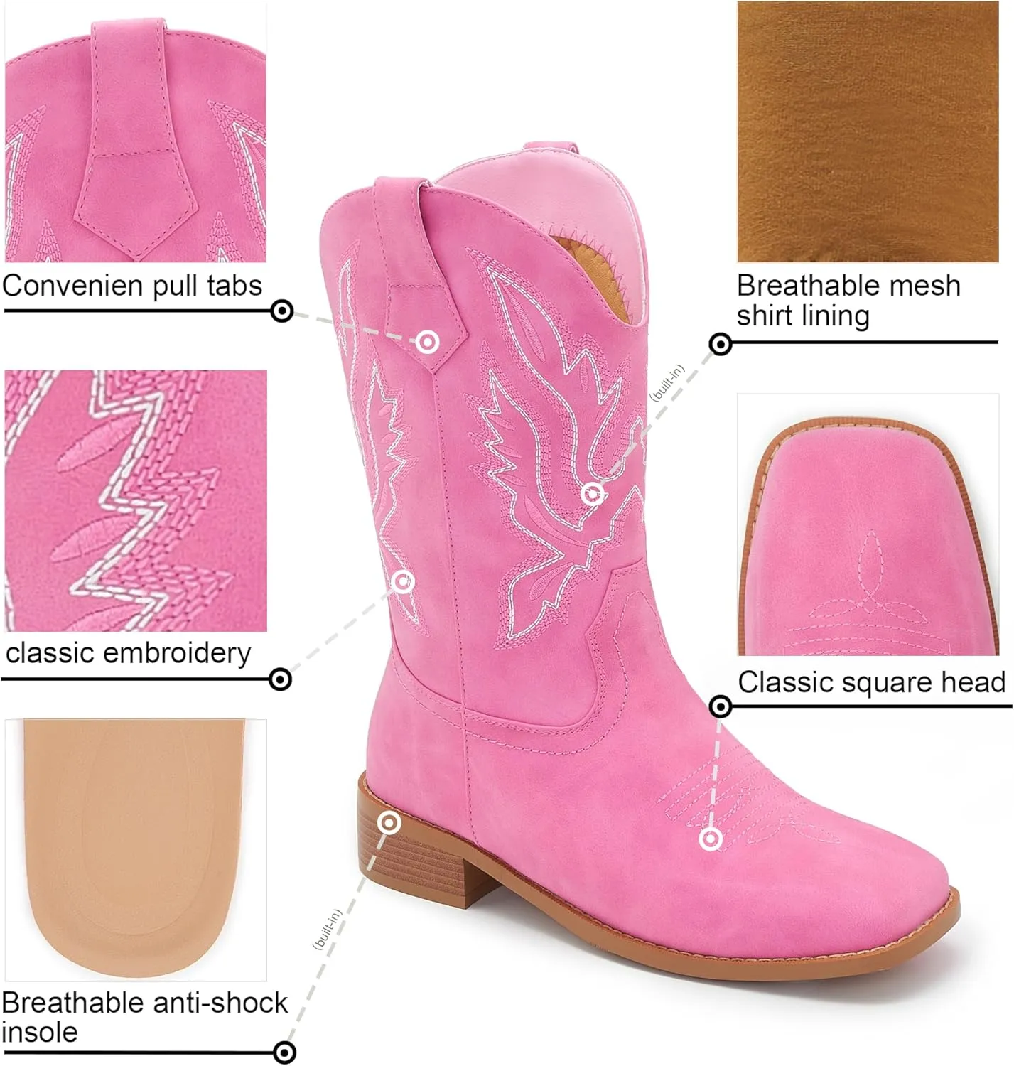 Cowgirl Boots Square Toe Cowboy Boots For Women Ladies Mid Calf Low Heel Flat