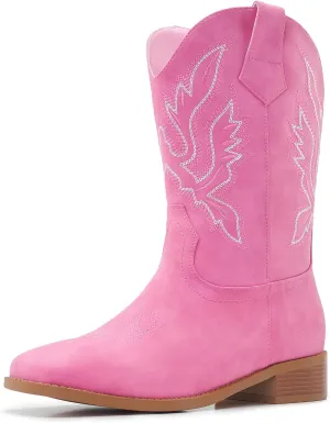 Cowgirl Boots Square Toe Cowboy Boots For Women Ladies Mid Calf Low Heel Flat
