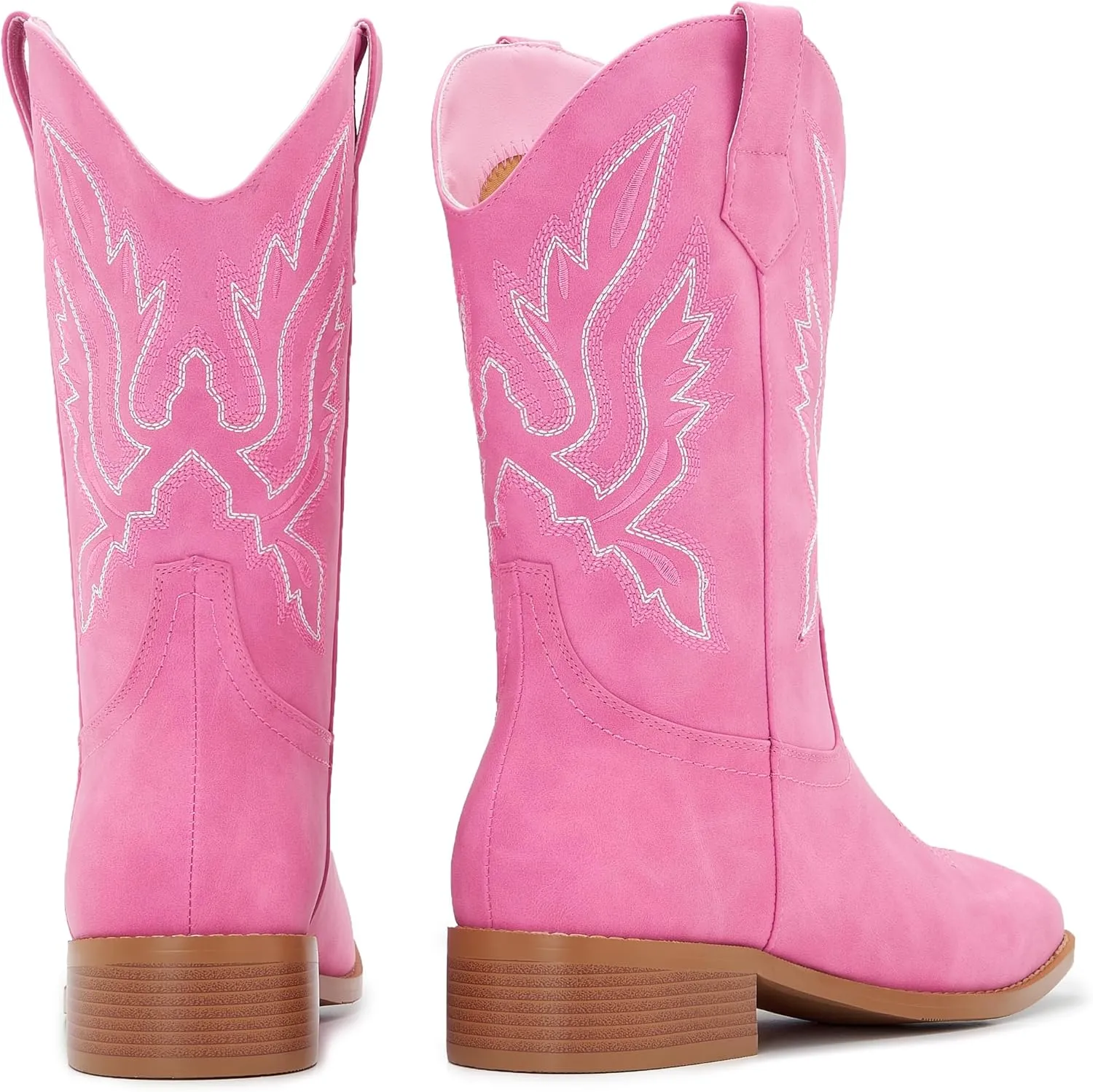 Cowgirl Boots Square Toe Cowboy Boots For Women Ladies Mid Calf Low Heel Flat