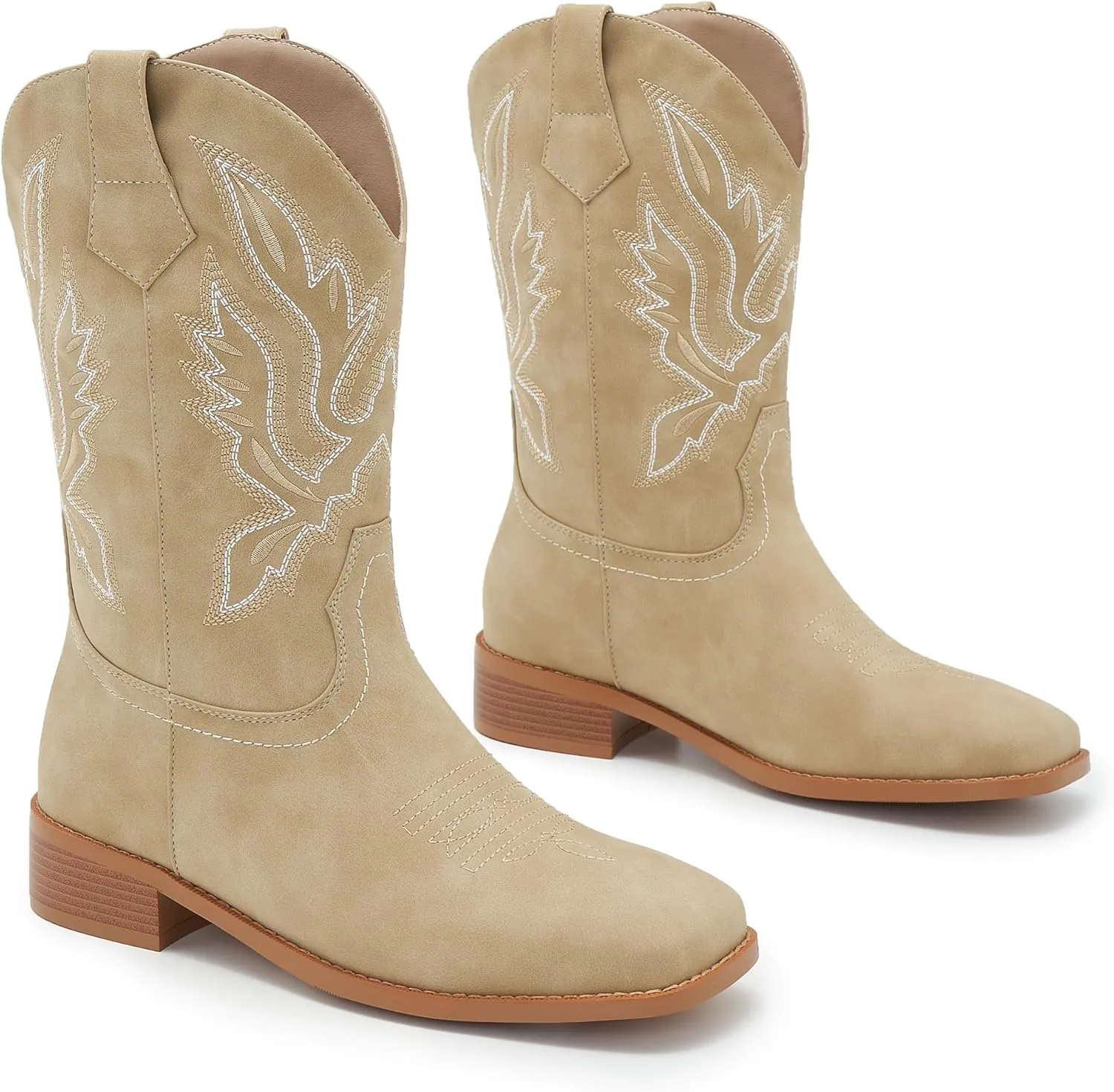 Cowgirl Boots Square Toe Cowboy Boots For Women Ladies Mid Calf Low Heel Flat