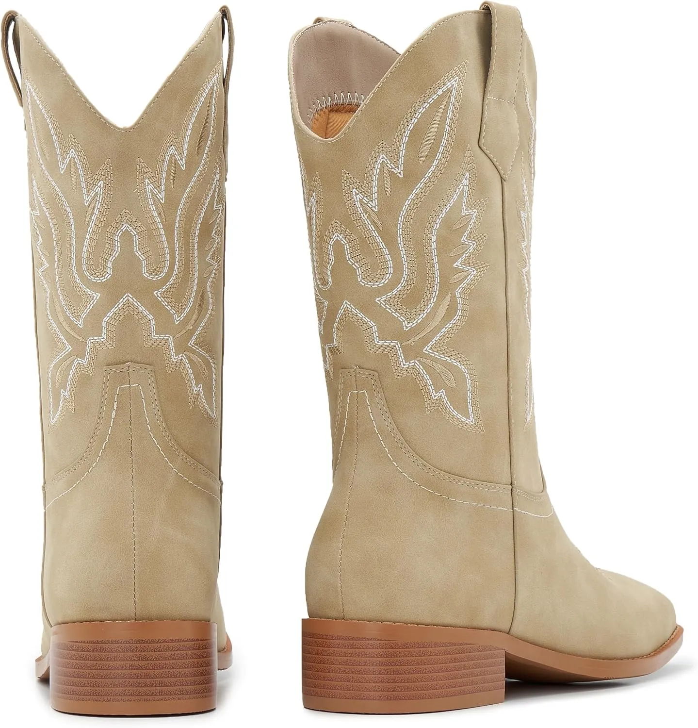 Cowgirl Boots Square Toe Cowboy Boots For Women Ladies Mid Calf Low Heel Flat