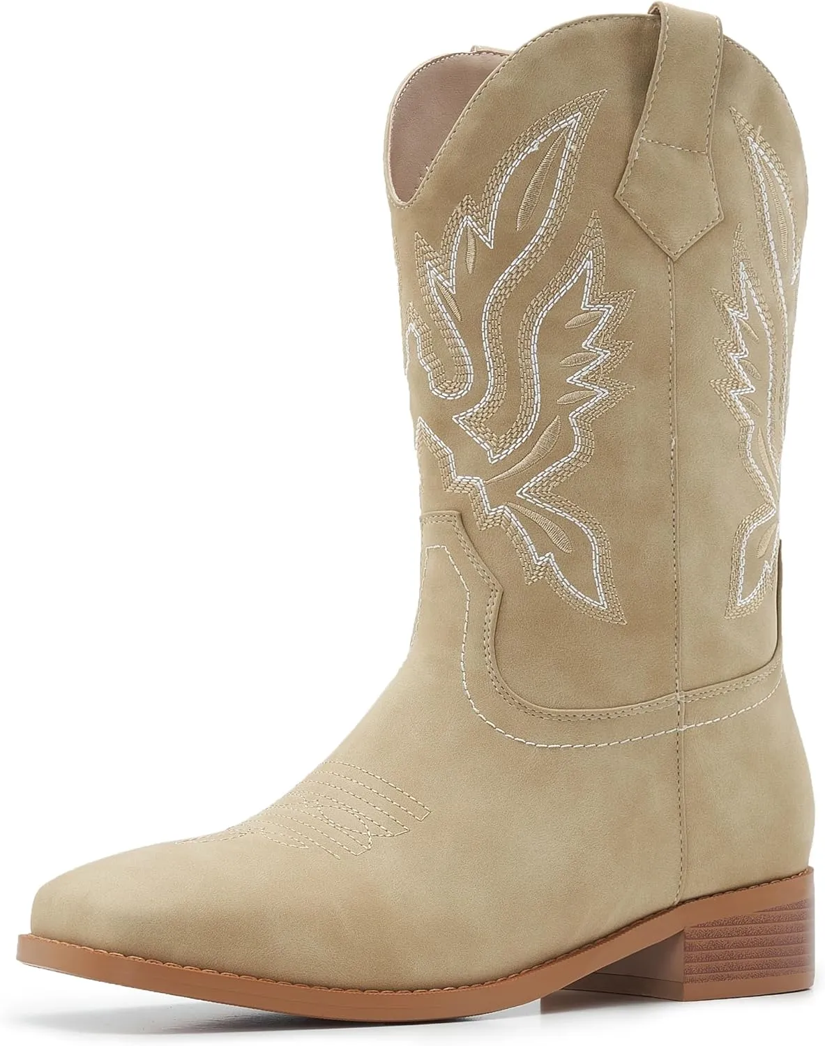 Cowgirl Boots Square Toe Cowboy Boots For Women Ladies Mid Calf Low Heel Flat