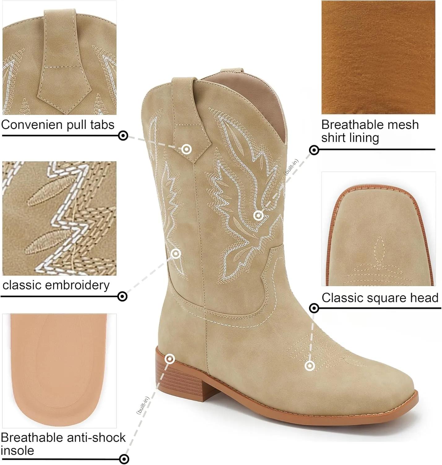 Cowgirl Boots Square Toe Cowboy Boots For Women Ladies Mid Calf Low Heel Flat