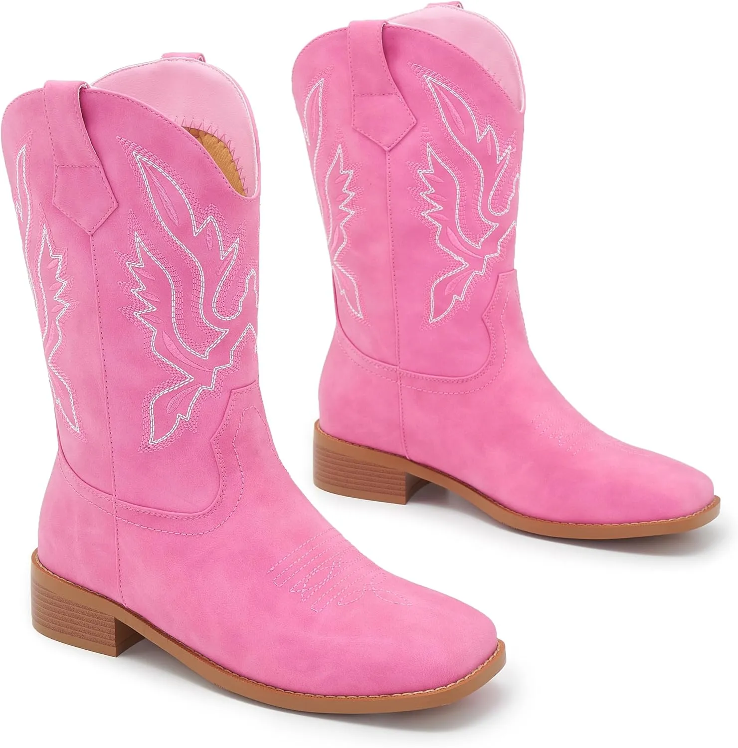 Cowgirl Boots Square Toe Cowboy Boots For Women Ladies Mid Calf Low Heel Flat