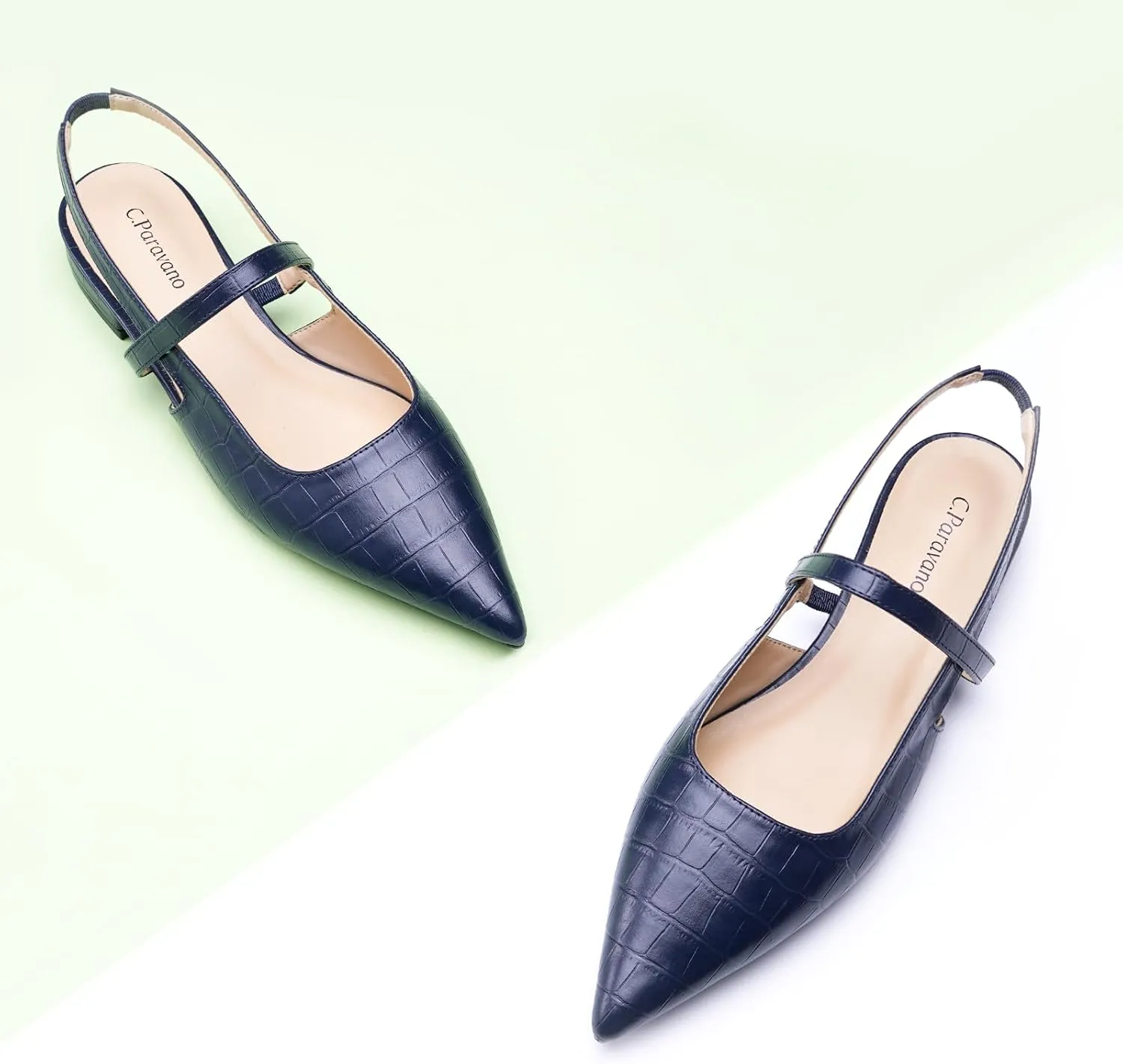 C.Paravano Women's Slingback Flats & Heels - Pointed Toe, Ankle Strap, Comfortable Leather Dress Shoes