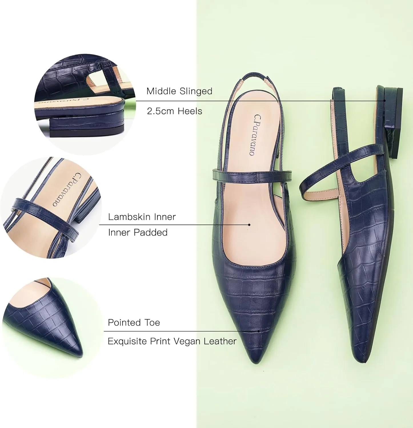 C.Paravano Women's Slingback Flats & Heels - Pointed Toe, Ankle Strap, Comfortable Leather Dress Shoes