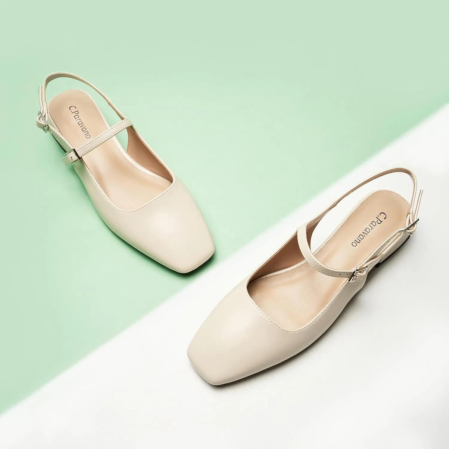 C.Paravano Women's Slingback Flats | Square Toe Slingback Flats for Women | Block Heel Sandals