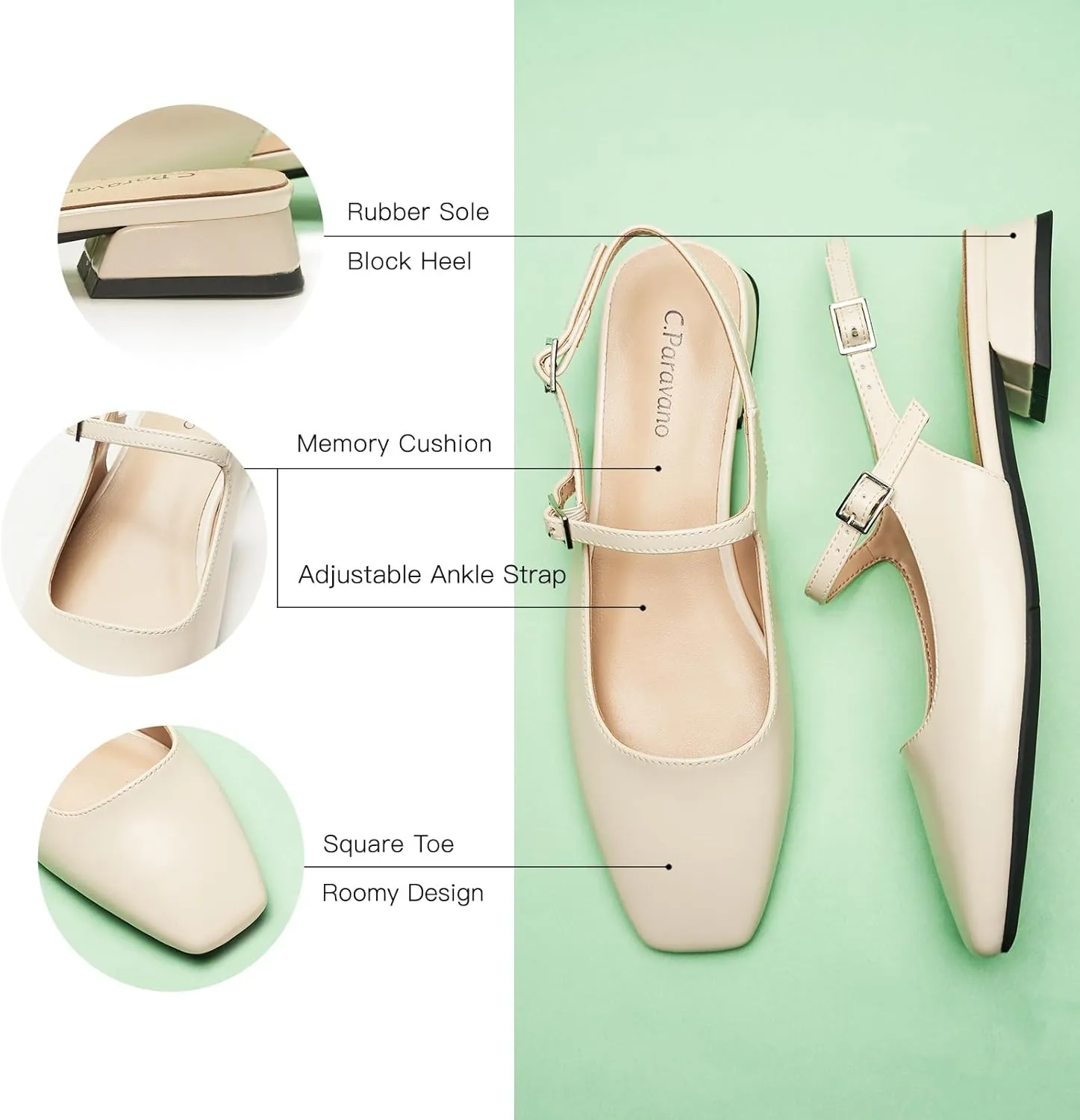 C.Paravano Women's Slingback Flats | Square Toe Slingback Flats for Women | Block Heel Sandals