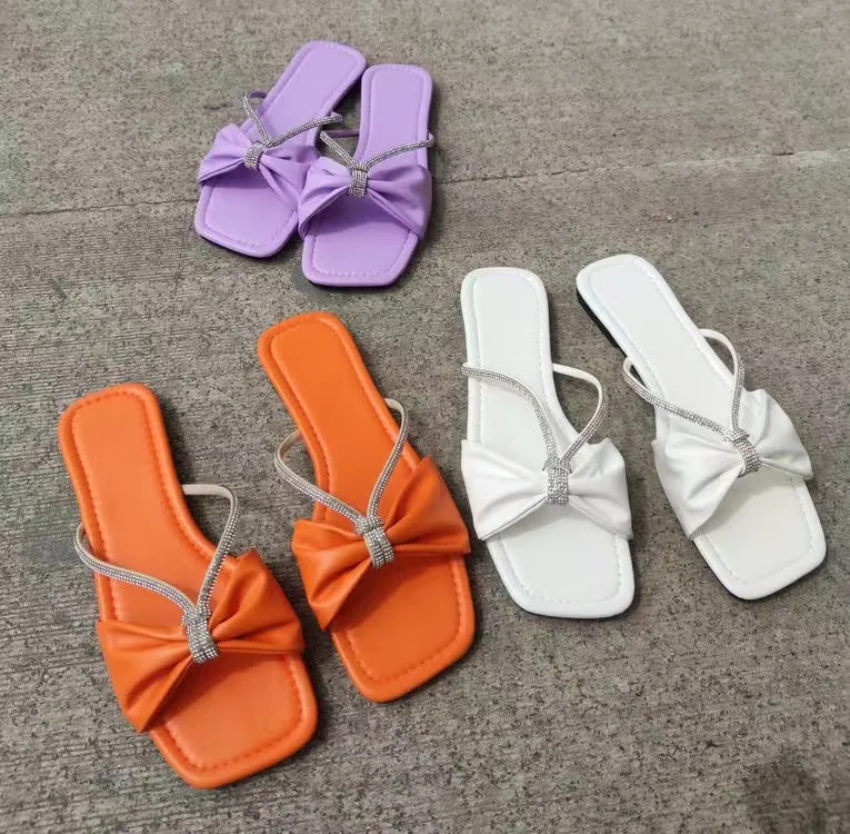 Creamtopmall Square toe bow tie flat slippers