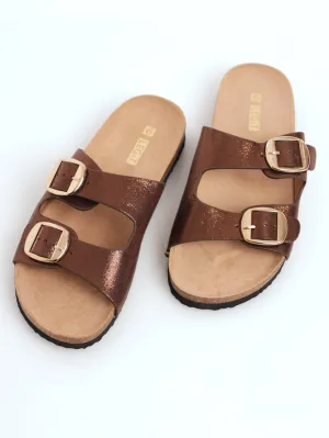Cross Satin Double Strap Mule Sandal - Bronze