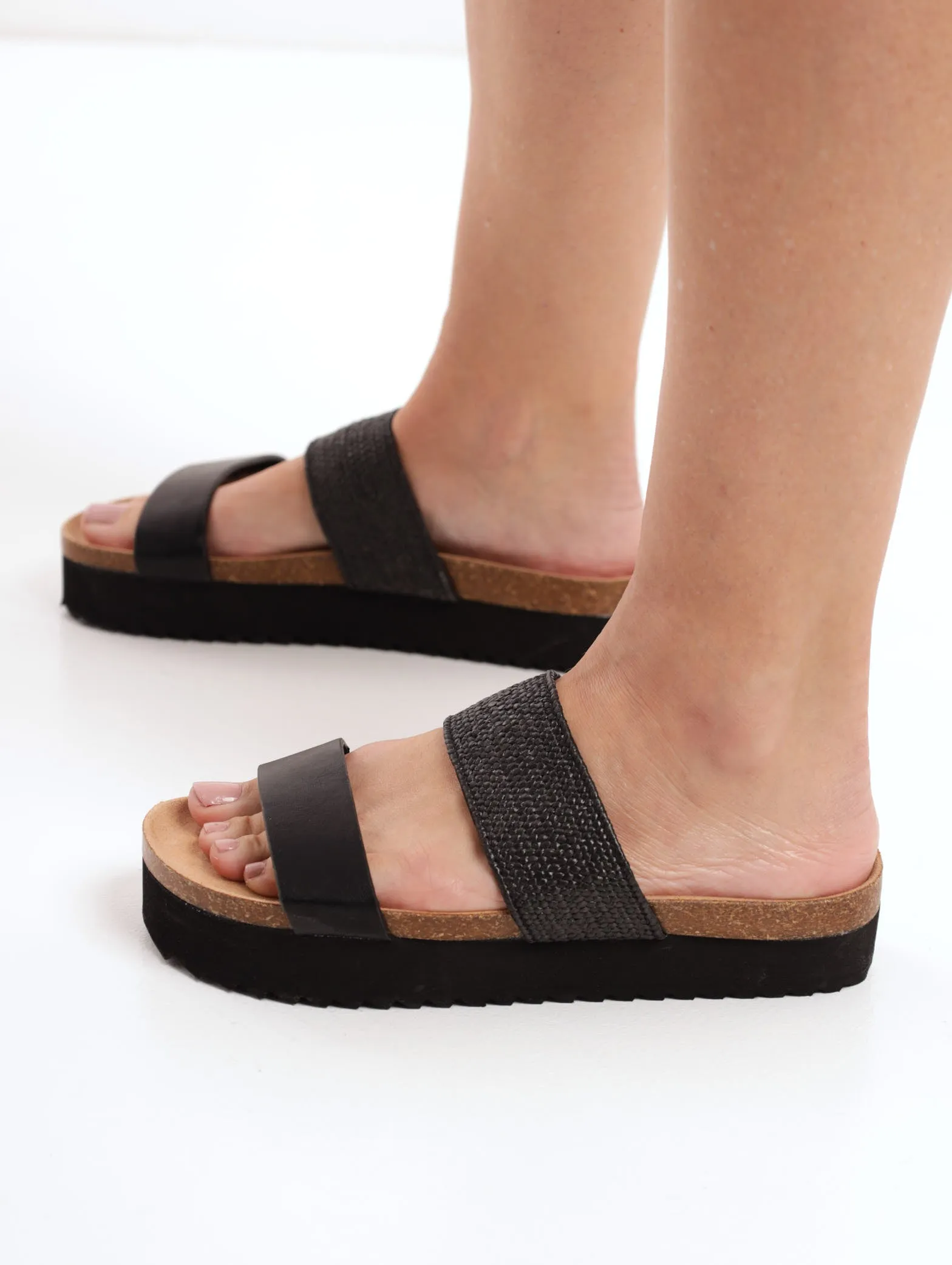 Cross-Weave And Padded Strap Platform Mule Sandal - Black