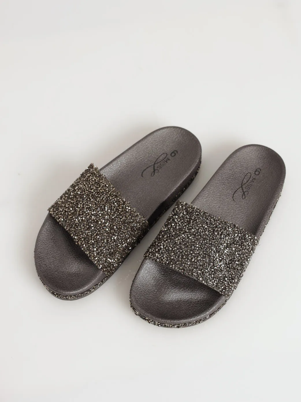 Crystal Bling Moulded Mule Sandal - Gunmetal