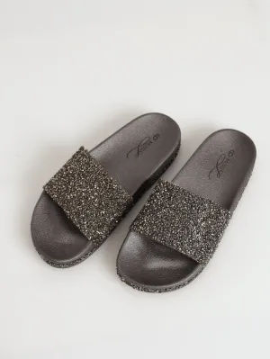 Crystal Bling Moulded Mule Sandal - Gunmetal