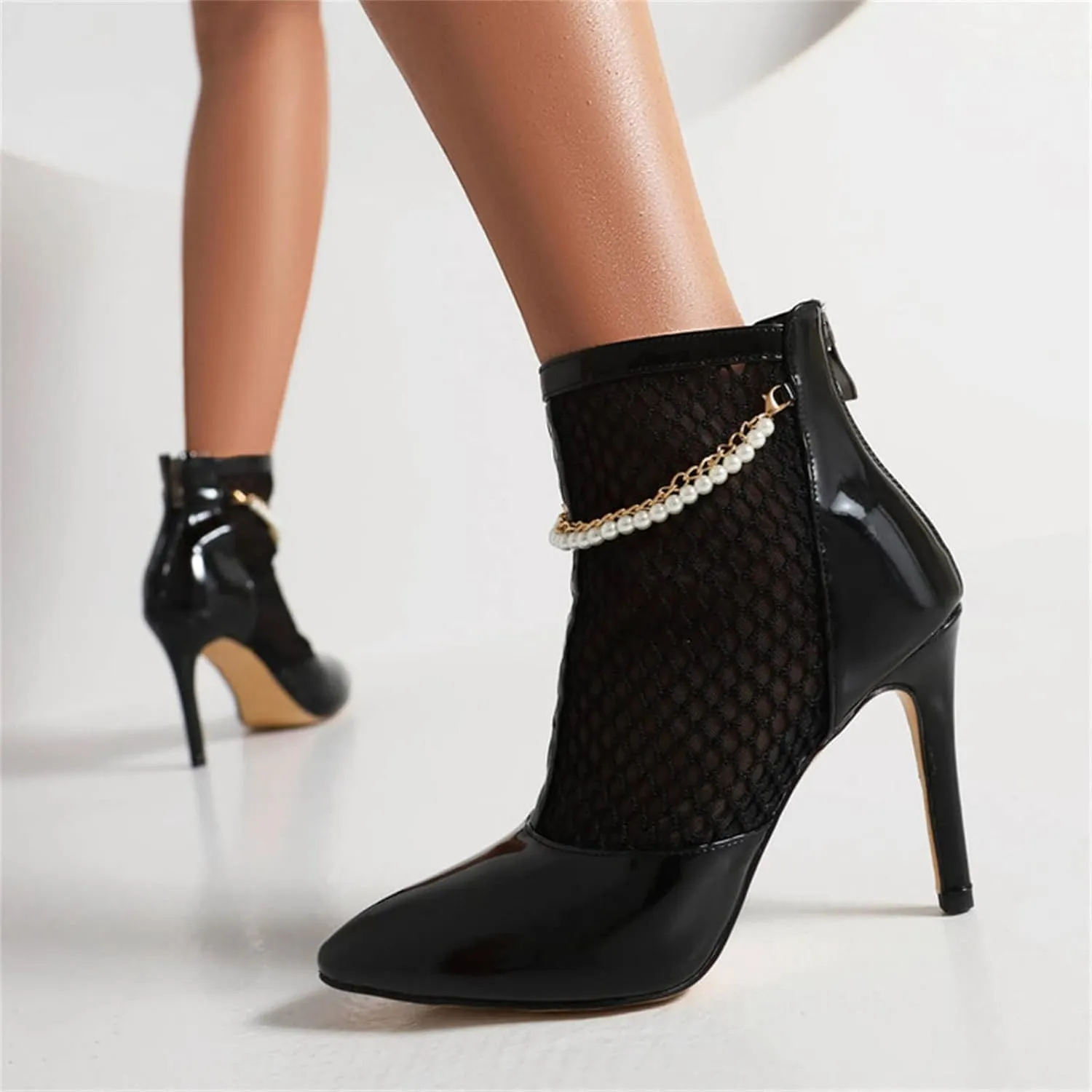 CsgrFagr Ladies Fashion Solid Color Leather Mesh Splice Pointed Cool Boots Back Zipper Thin Sandals for Womens Size 11 (Black, 8)