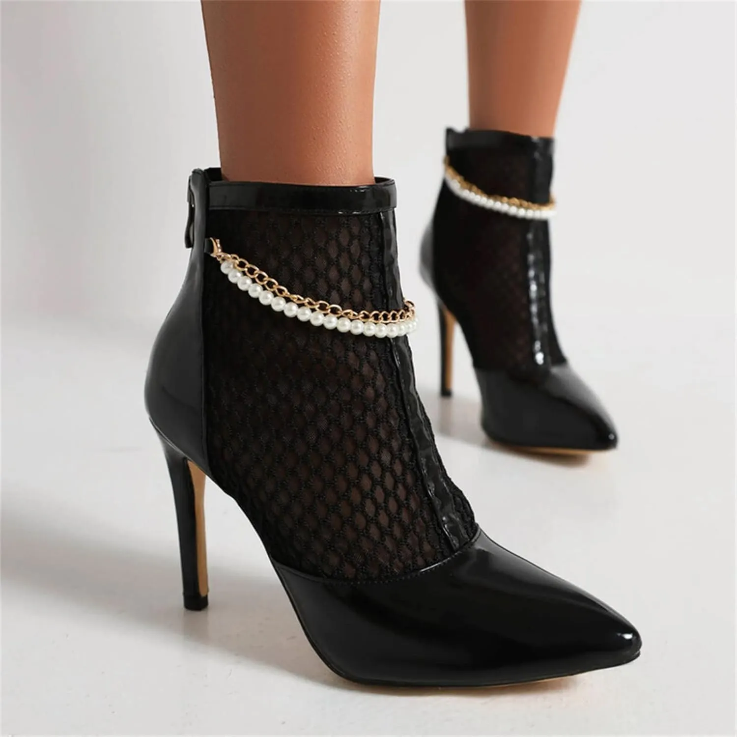 CsgrFagr Ladies Fashion Solid Color Leather Mesh Splice Pointed Cool Boots Back Zipper Thin Sandals for Womens Size 11 (Black, 8)