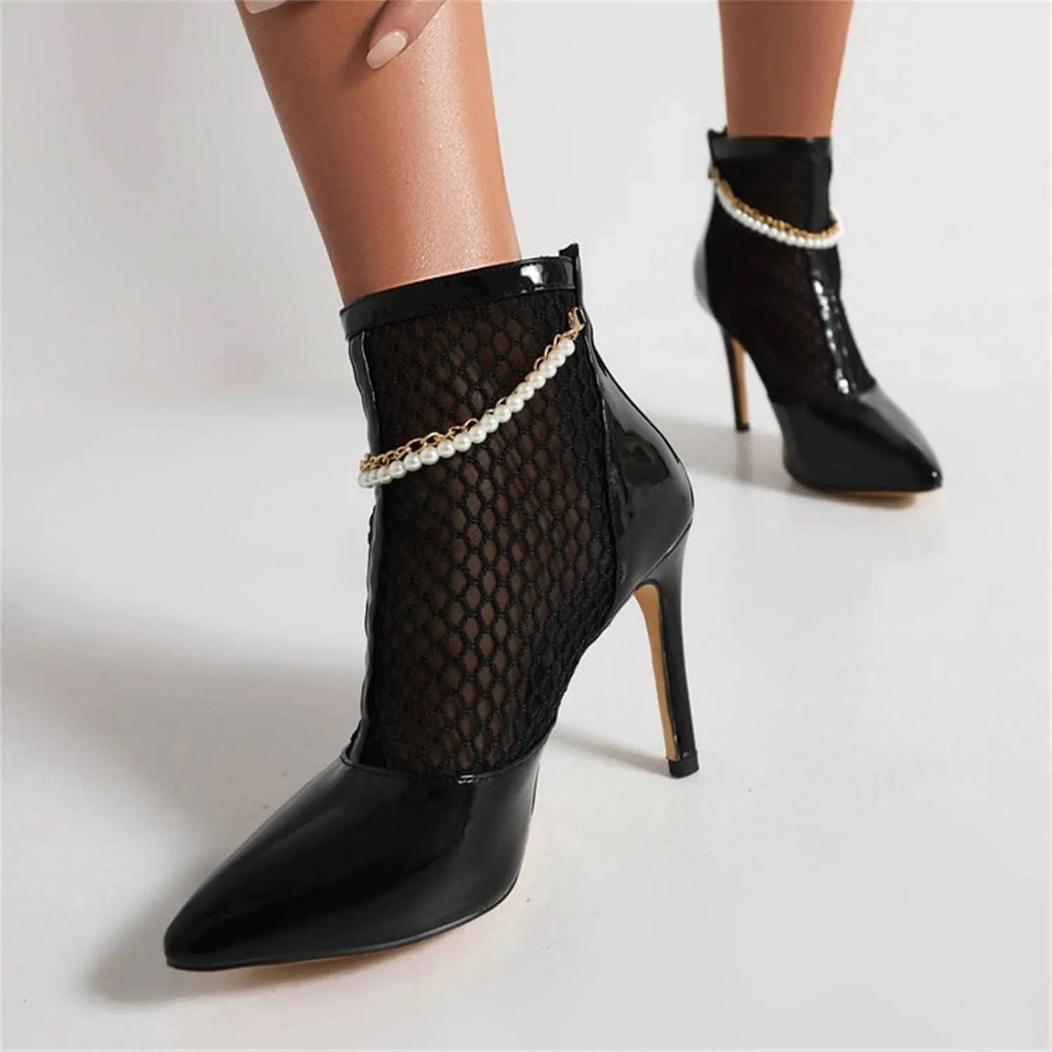 CsgrFagr Ladies Fashion Solid Color Leather Mesh Splice Pointed Cool Boots Back Zipper Thin Sandals for Womens Size 11 (Black, 8)