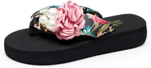Dayiss Women's Flower Pearls Fashion High Heel Platform Wedge Thong Flip-Flops Beach Sandals Slipper Summer