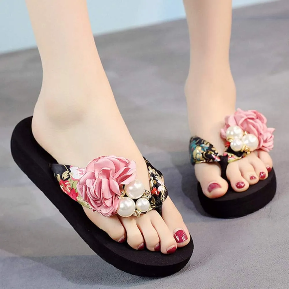 Dayiss Women's Flower Pearls Fashion High Heel Platform Wedge Thong Flip-Flops Beach Sandals Slipper Summer