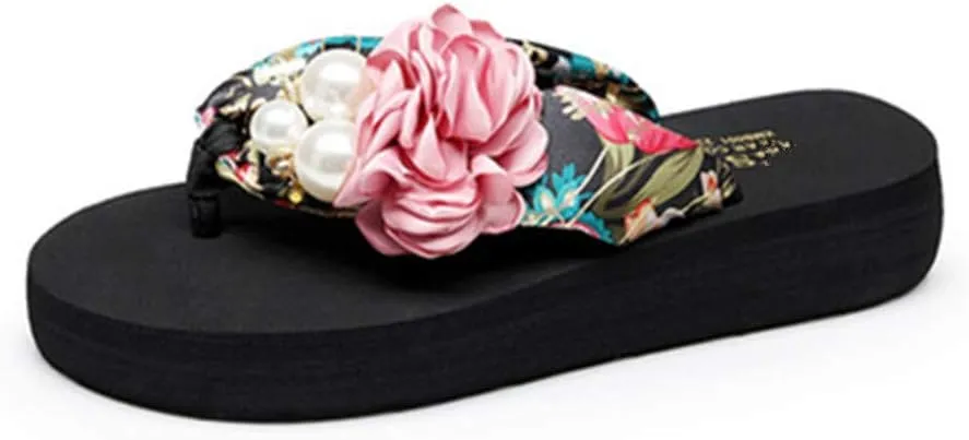 Dayiss Women's Flower Pearls Fashion High Heel Platform Wedge Thong Flip-Flops Beach Sandals Slipper Summer