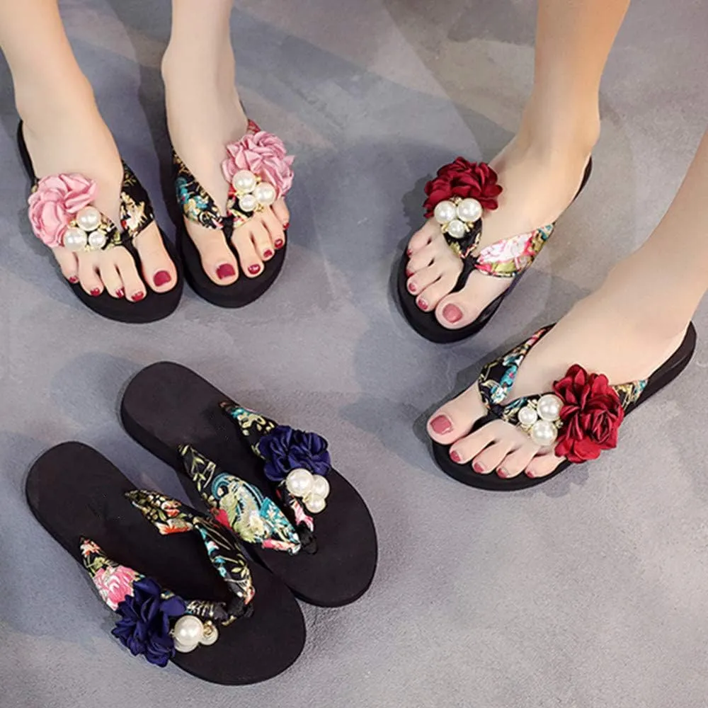 Dayiss Women's Flower Pearls Fashion High Heel Platform Wedge Thong Flip-Flops Beach Sandals Slipper Summer