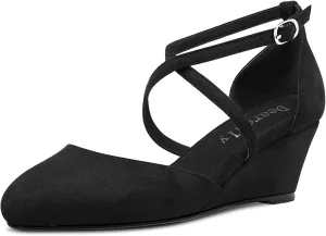 DearOnly Womens Pumps Round Closed Toe Block Chunky Low Wedge Heel Strappy Ankle Strap Sandals Suede Dress Shoes Bridal Wedding 2 Inch