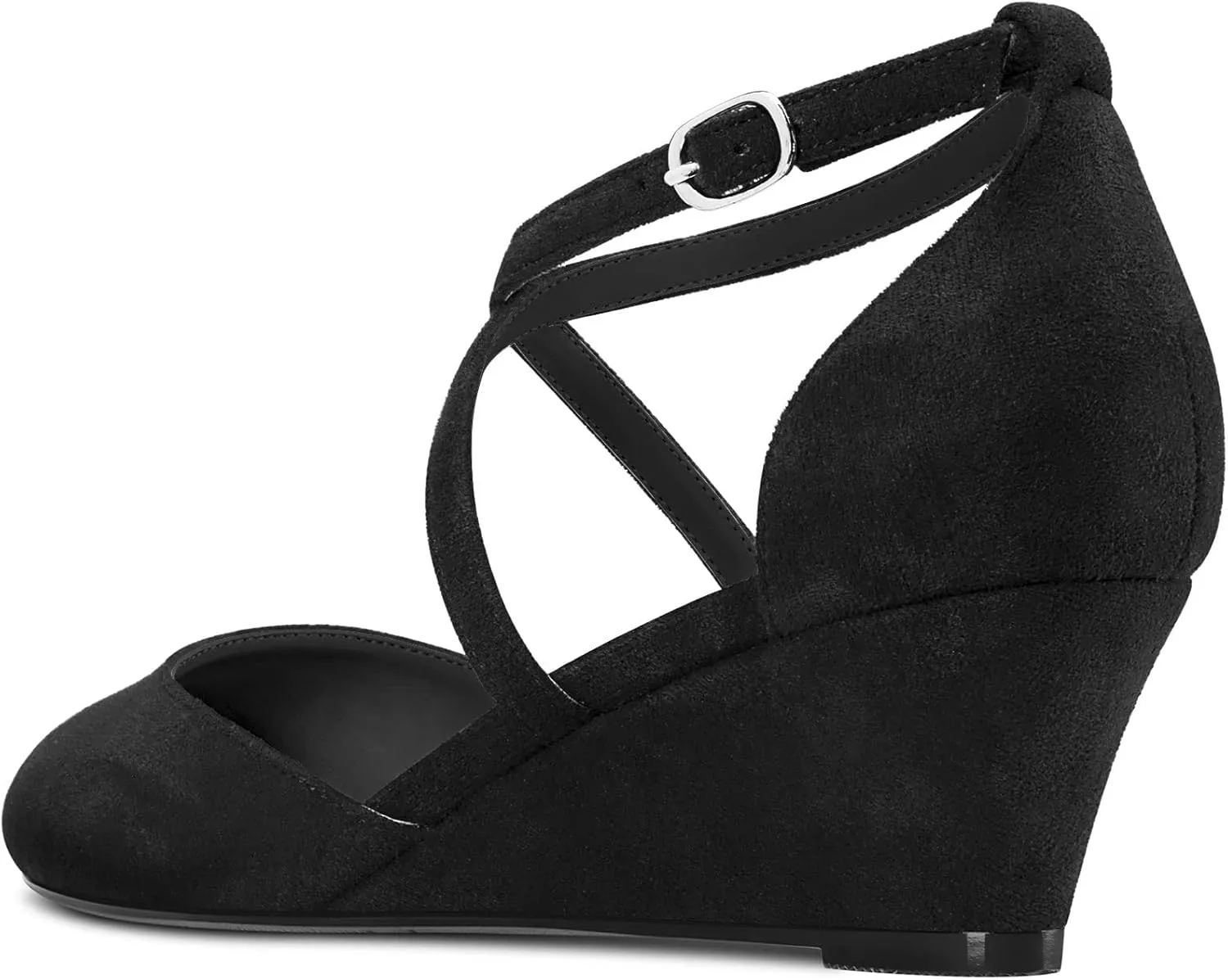 DearOnly Womens Pumps Round Closed Toe Block Chunky Low Wedge Heel Strappy Ankle Strap Sandals Suede Dress Shoes Bridal Wedding 2 Inch