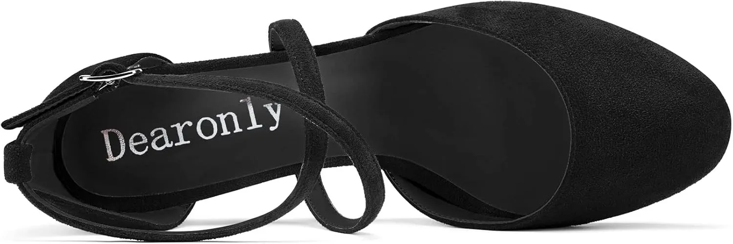 DearOnly Womens Pumps Round Closed Toe Block Chunky Low Wedge Heel Strappy Ankle Strap Sandals Suede Dress Shoes Bridal Wedding 2 Inch