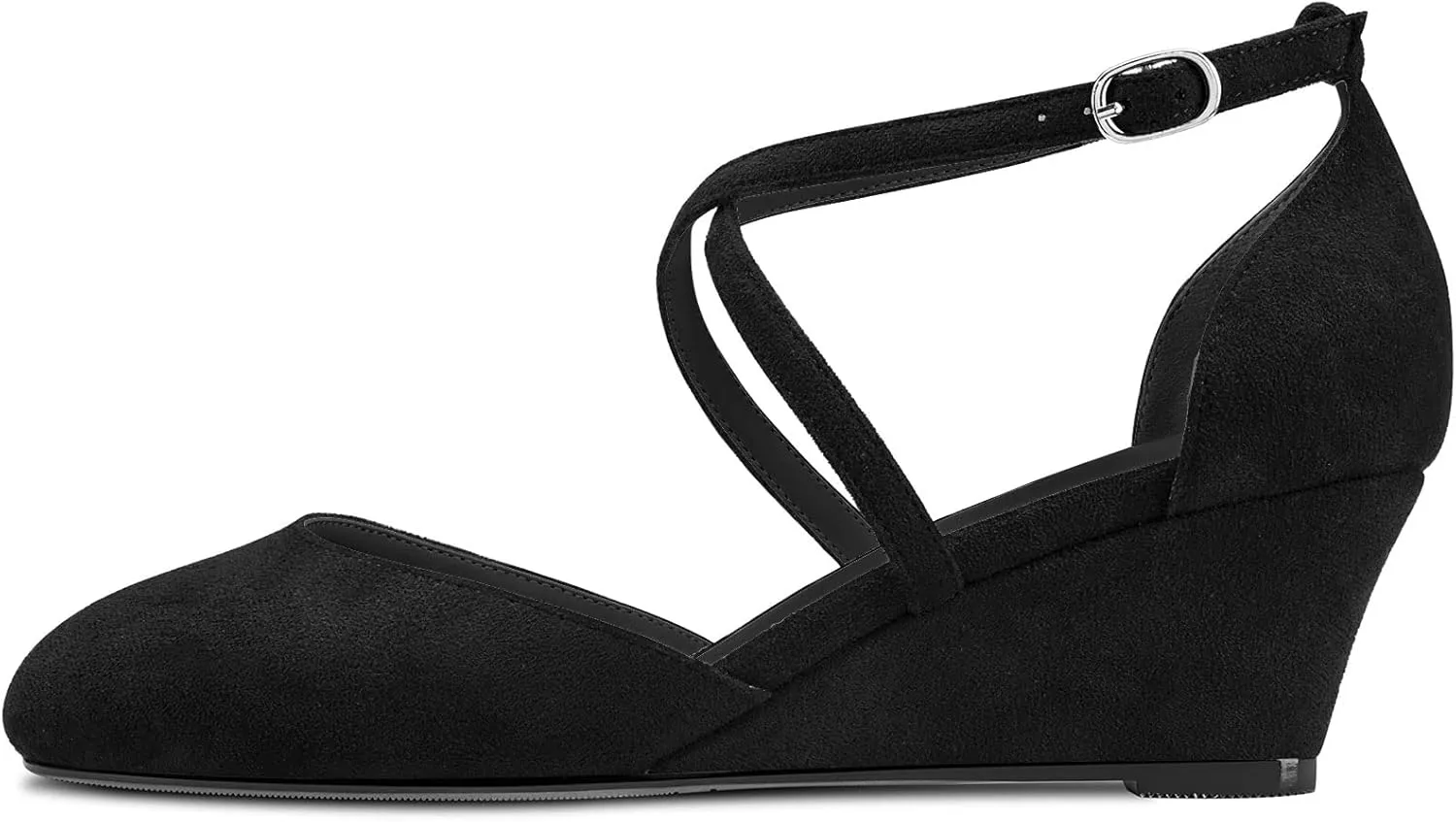 DearOnly Womens Pumps Round Closed Toe Block Chunky Low Wedge Heel Strappy Ankle Strap Sandals Suede Dress Shoes Bridal Wedding 2 Inch
