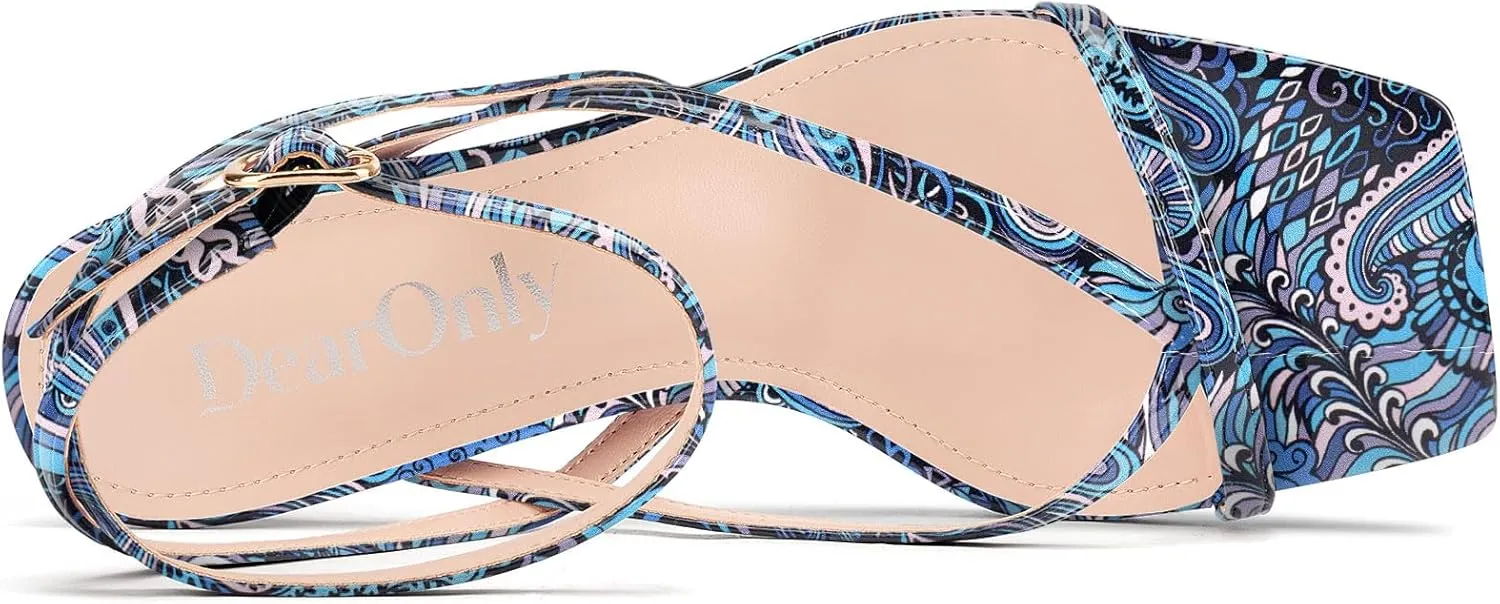 DearOnly Womens Square Toe Thong Strappy Kitten Heels Ankle Strap Party Dress Shoes Mid Heel Sandals 2.6 Inches Heels