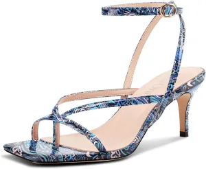 DearOnly Womens Square Toe Thong Strappy Kitten Heels Ankle Strap Party Dress Shoes Mid Heel Sandals 2.6 Inches Heels