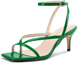 DearOnly Womens Square Toe Thong Strappy Kitten Heels Ankle Strap Party Dress Shoes Mid Heel Sandals 2.6 Inches Heels