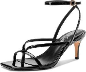 DearOnly Womens Square Toe Thong Strappy Kitten Heels Ankle Strap Party Dress Shoes Mid Heel Sandals 2.6 Inches Heels