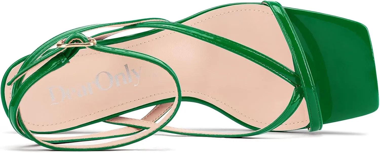 DearOnly Womens Square Toe Thong Strappy Kitten Heels Ankle Strap Party Dress Shoes Mid Heel Sandals 2.6 Inches Heels