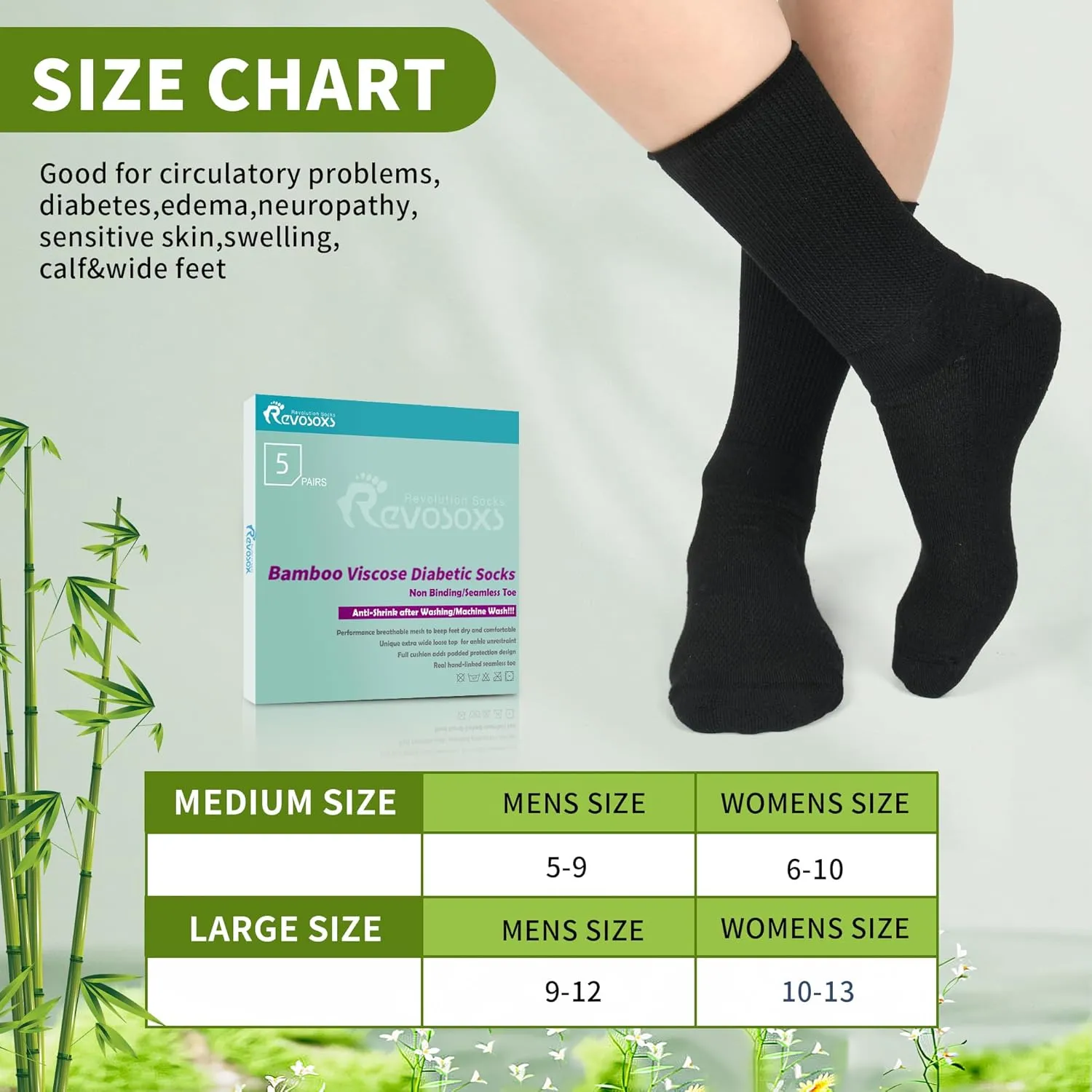 Diabetic Crew Socks for Men Women,Bamboo Viscose Non-Binding Loose Top Wide Socks with Seamless Toe 6-9 9-12