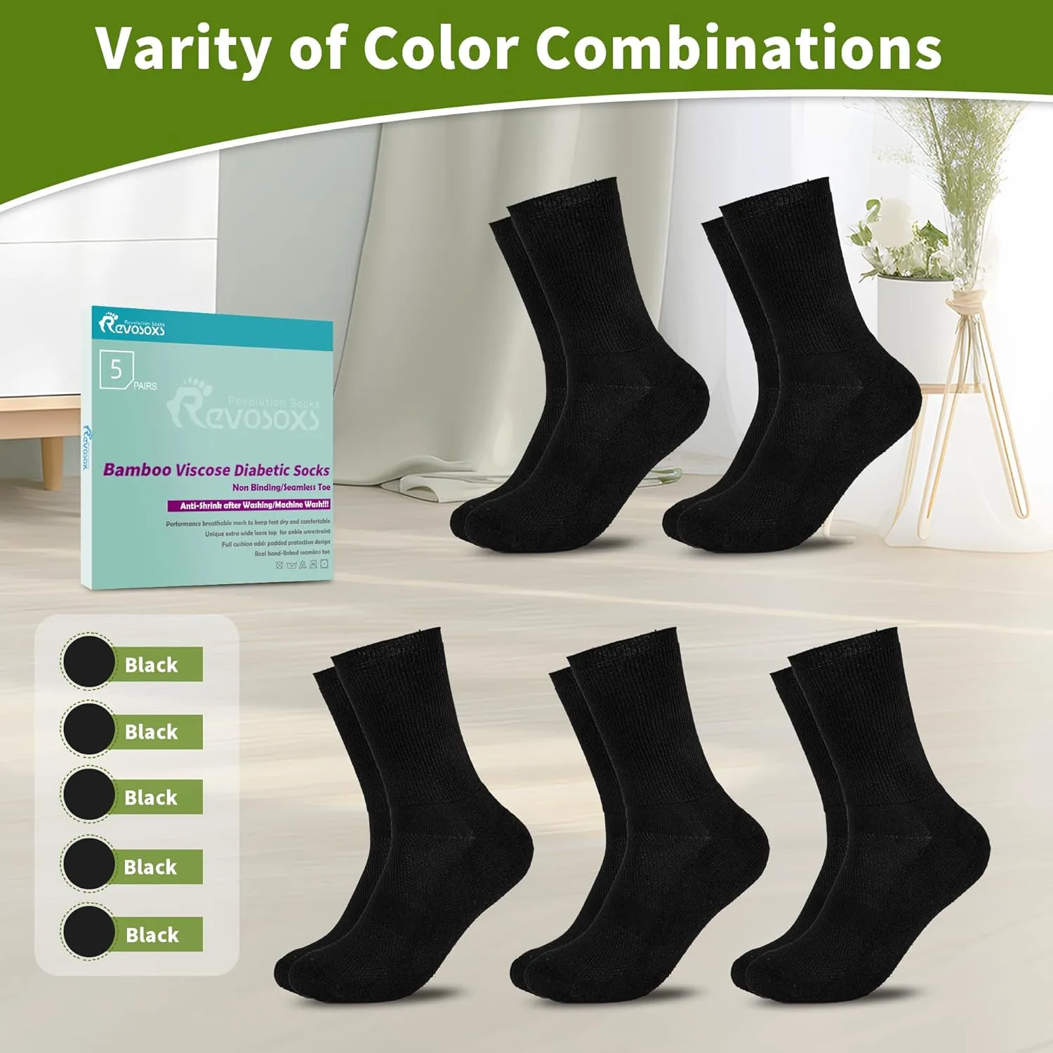 Diabetic Crew Socks for Men Women,Bamboo Viscose Non-Binding Loose Top Wide Socks with Seamless Toe 6-9 9-12