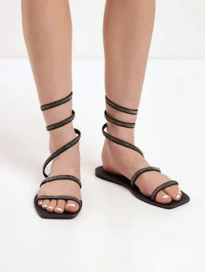 Diamante Mule Sandal With Ankle Spring - Black
